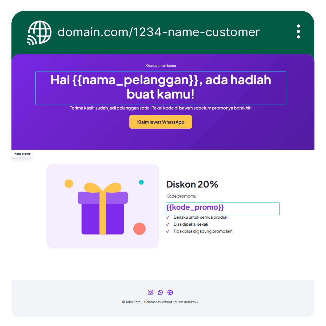 Contoh landing page personal dengan nama pelanggan dan kode promo